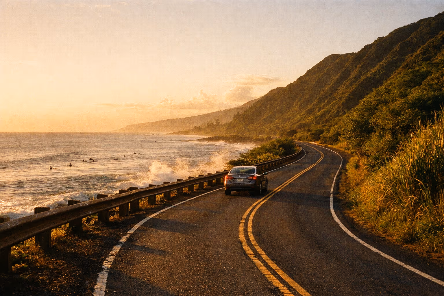 A car drives along a coastal road by the ocean and lush mountains at sunset on Oahu's North Shore.