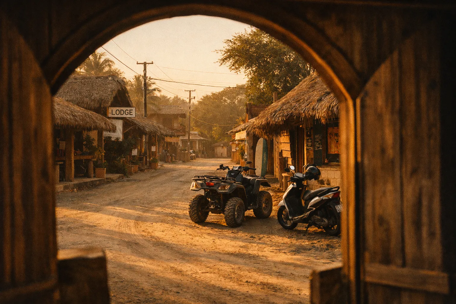 A dirt road lined with thatched-roof buildings and a sign reading 'Lodge' in a tropical village.
