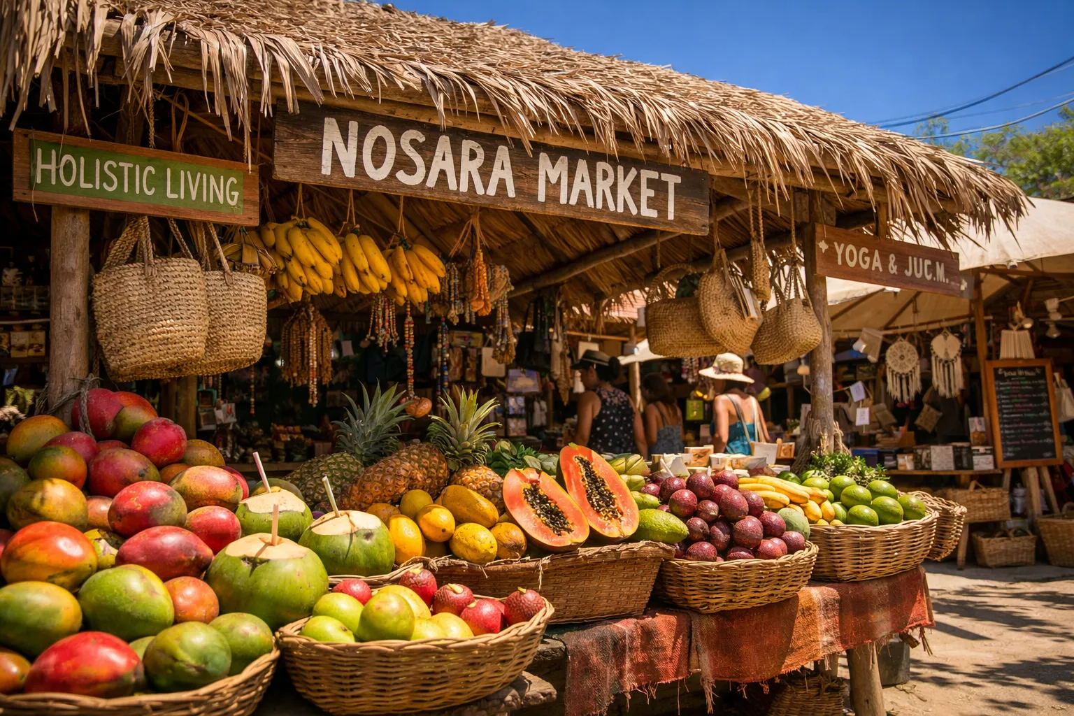 Tropical fruits and handmade goods at Nosara Market under a thatched roof on a sunny day in Costa Rica.