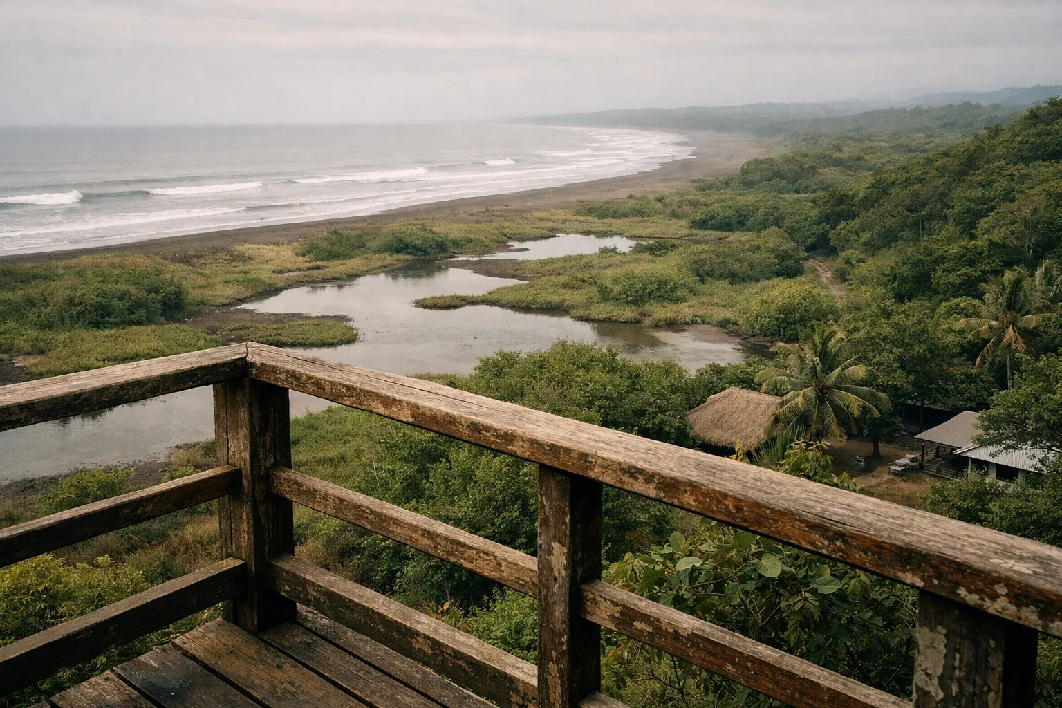 View from a wooden balcony overlooking a lush coastline, tidal pools, and beach with waves in Costa Rica.