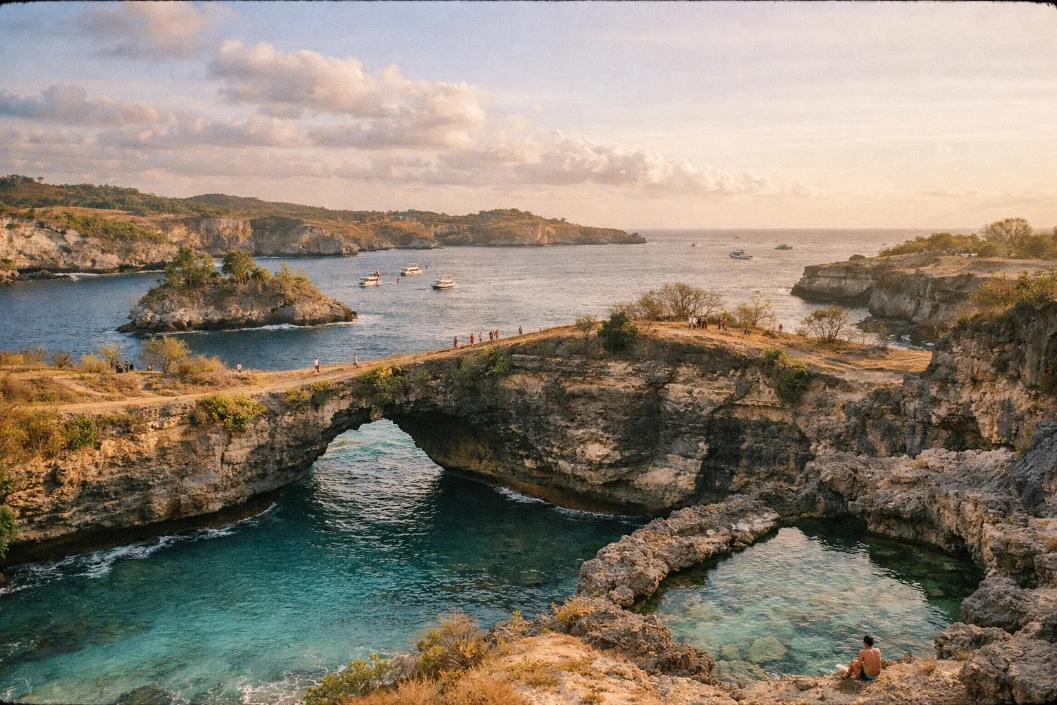 Coastal panorama showing Crystal Bay, Broken Beach arch, and Angel's Billabong at golden hour