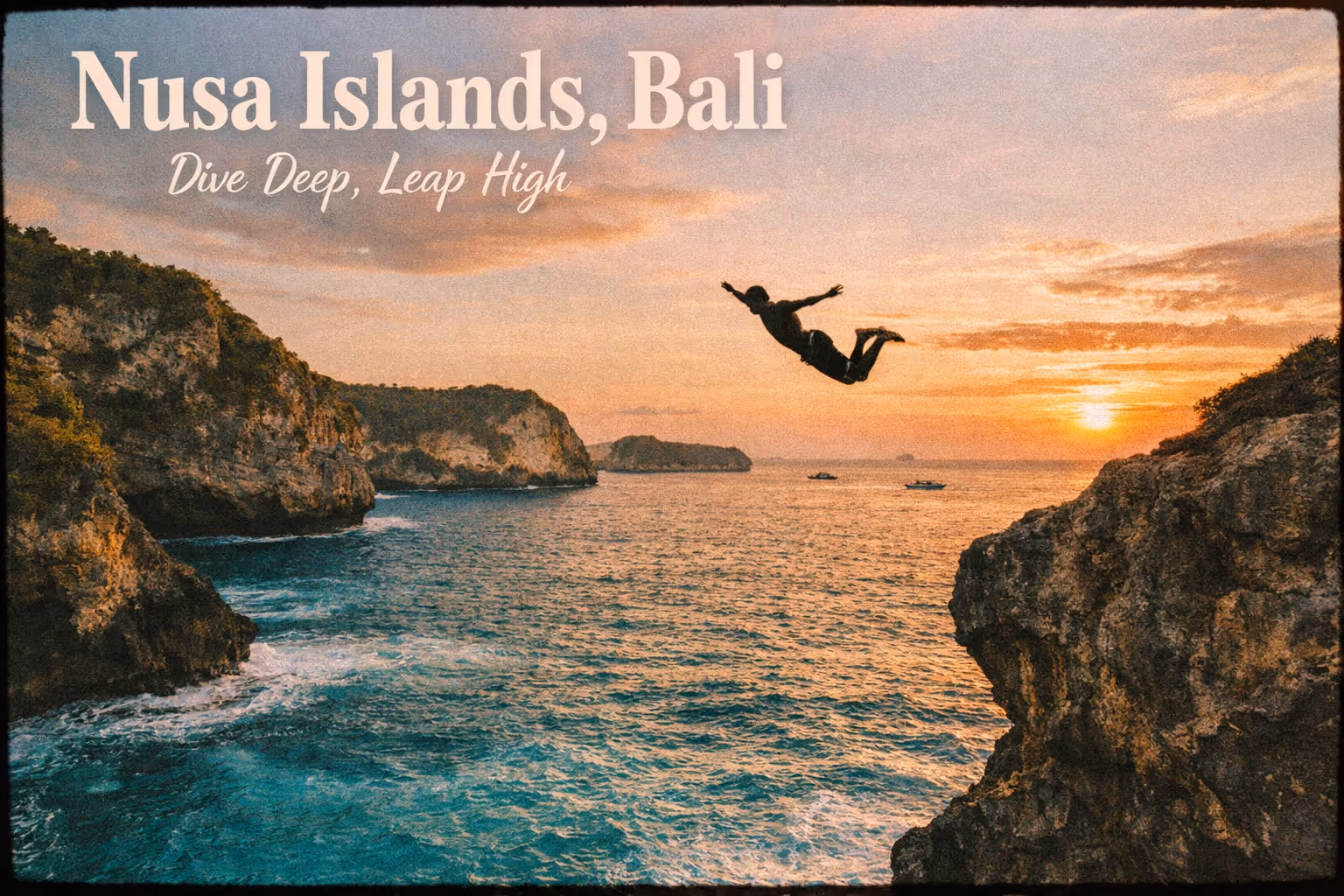 Editorial cover: silhouette of a cliff diver leaping into turquoise waters against Nusa Penida’s rugged cliffs at golden hour