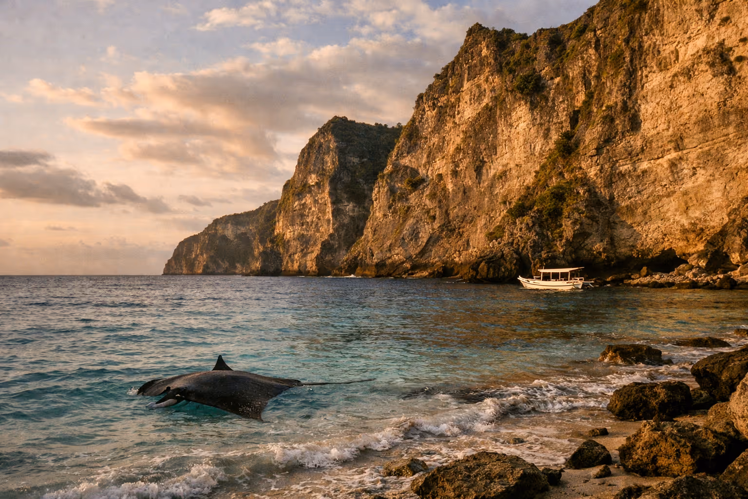 A manta ray swims near the rocky shore of a tropical island with steep cliffs and a small boat in the water.