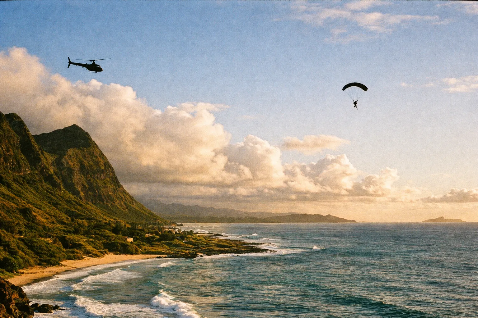 Overhead view of Oahu's coastline at golden hour, a distant helicopter silhouette in the sky and a skydiver silhouette