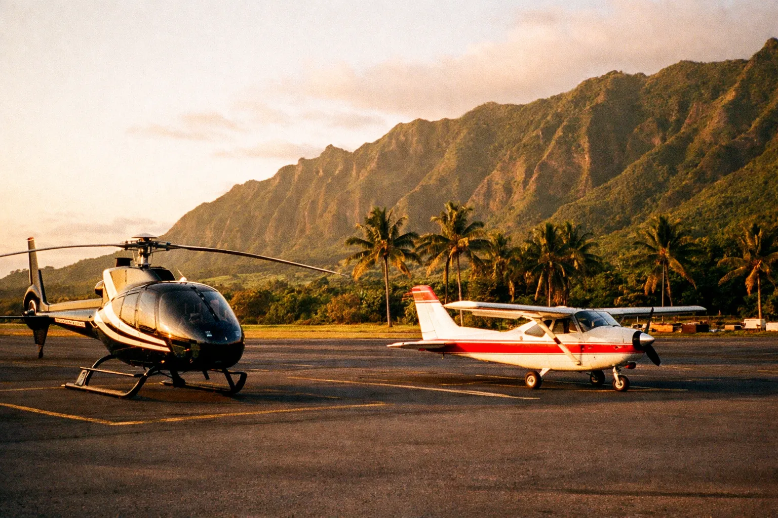 Island airstrip at sunset with a parked helicopter and small plane, tropical hills in the background