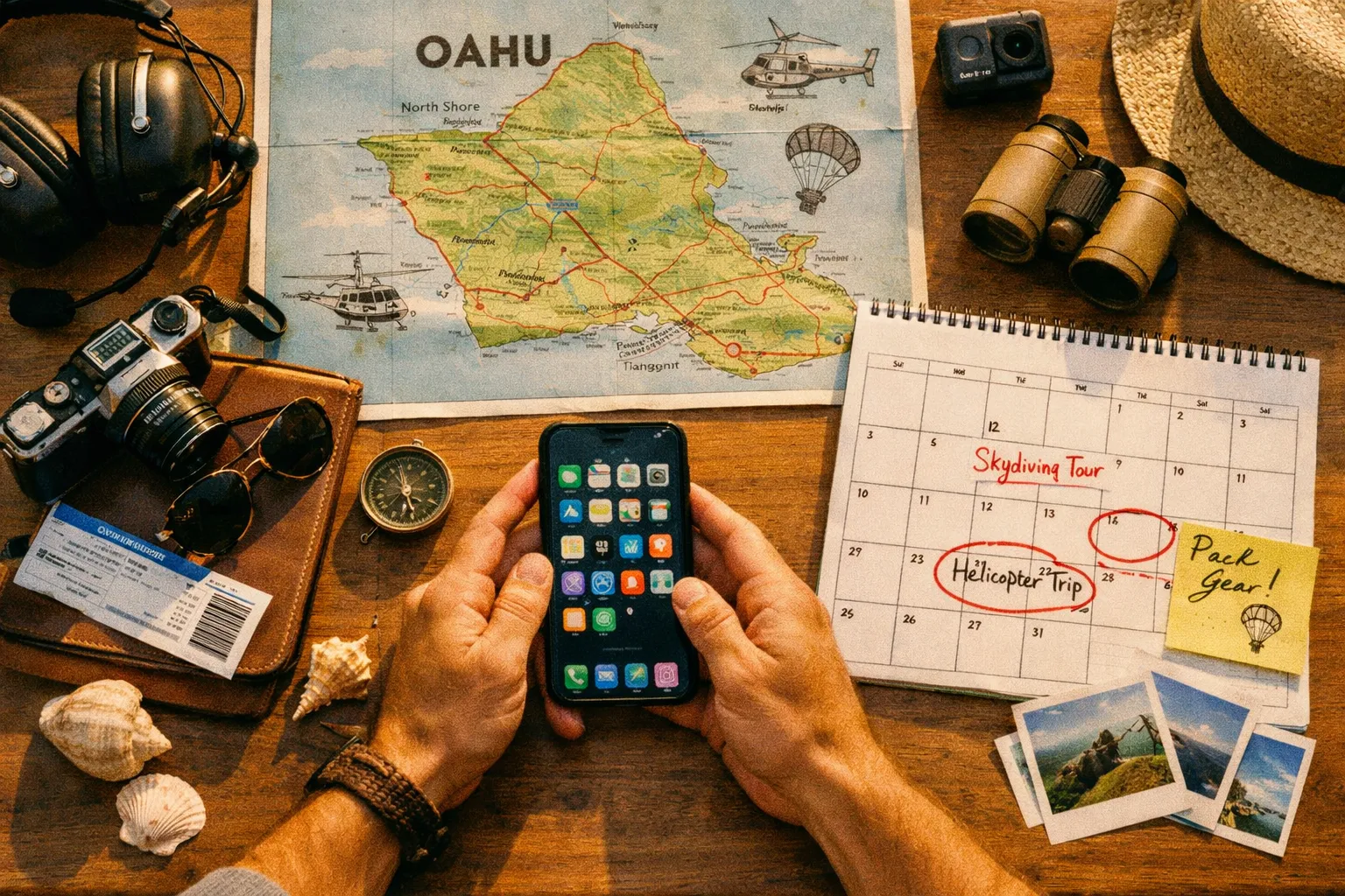 Hands on a planning desk with a smartphone, a calendar, and a map of Oahu, bathed in golden hour light