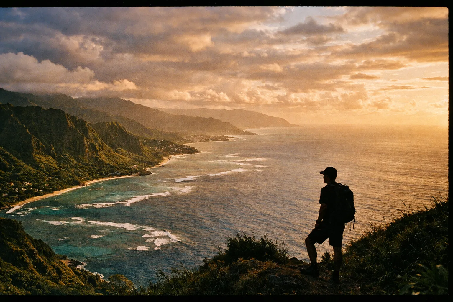 A lone hiker silhouette overlooking Oahu's dramatic coastline at golden hour