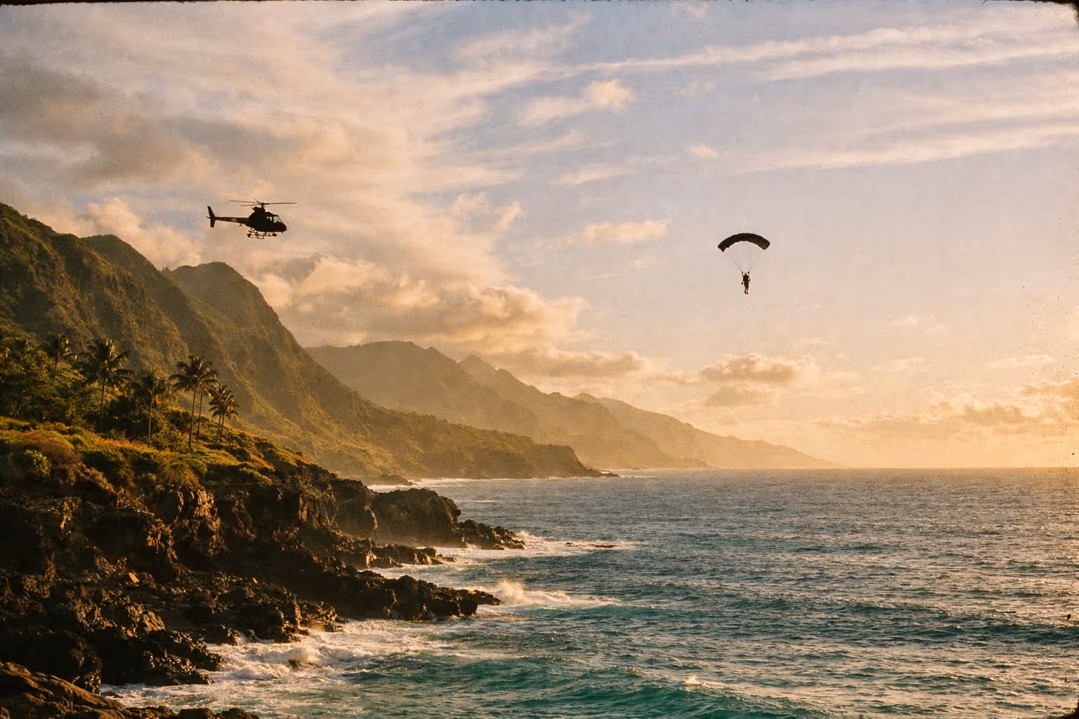 Editorial aerial scene over Oahu's coast at golden hour, distant helicopter silhouette and a skydiver silhouette descending