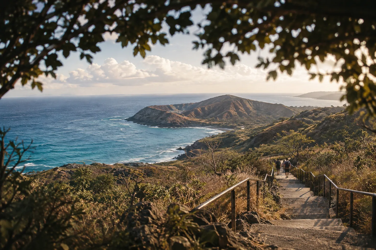 Hikers on concrete stairs along a dry, brushy slope above the ocean on Oahu.