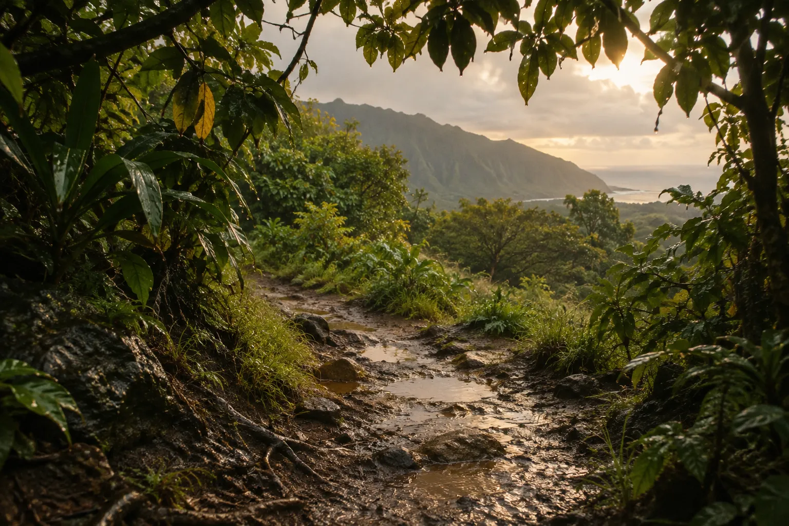 A muddy jungle trail opens onto a view of Oahu's green mountains and coastline.