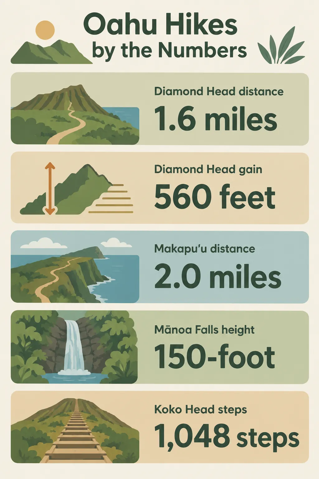 Comparison of Oahu hikes: Diamond Head is 1.6 miles round trip with 560 feet of gain, Mānoa Falls has a 150-foot waterfall