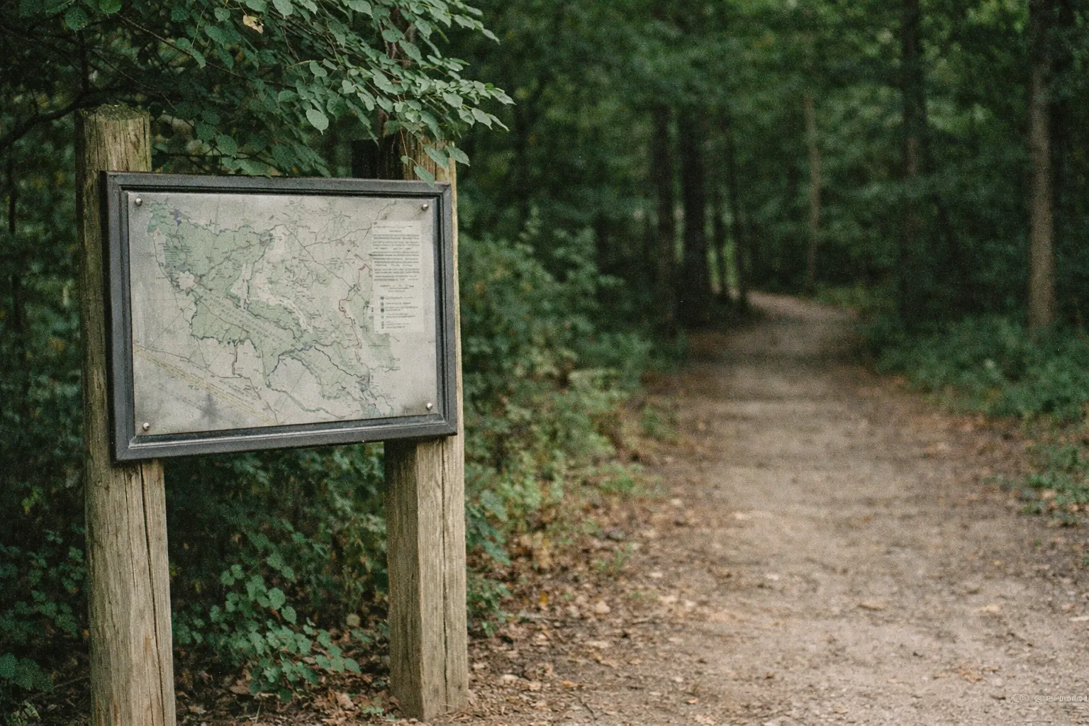 Trail map sign at the edge of a woodland path with unreadable text