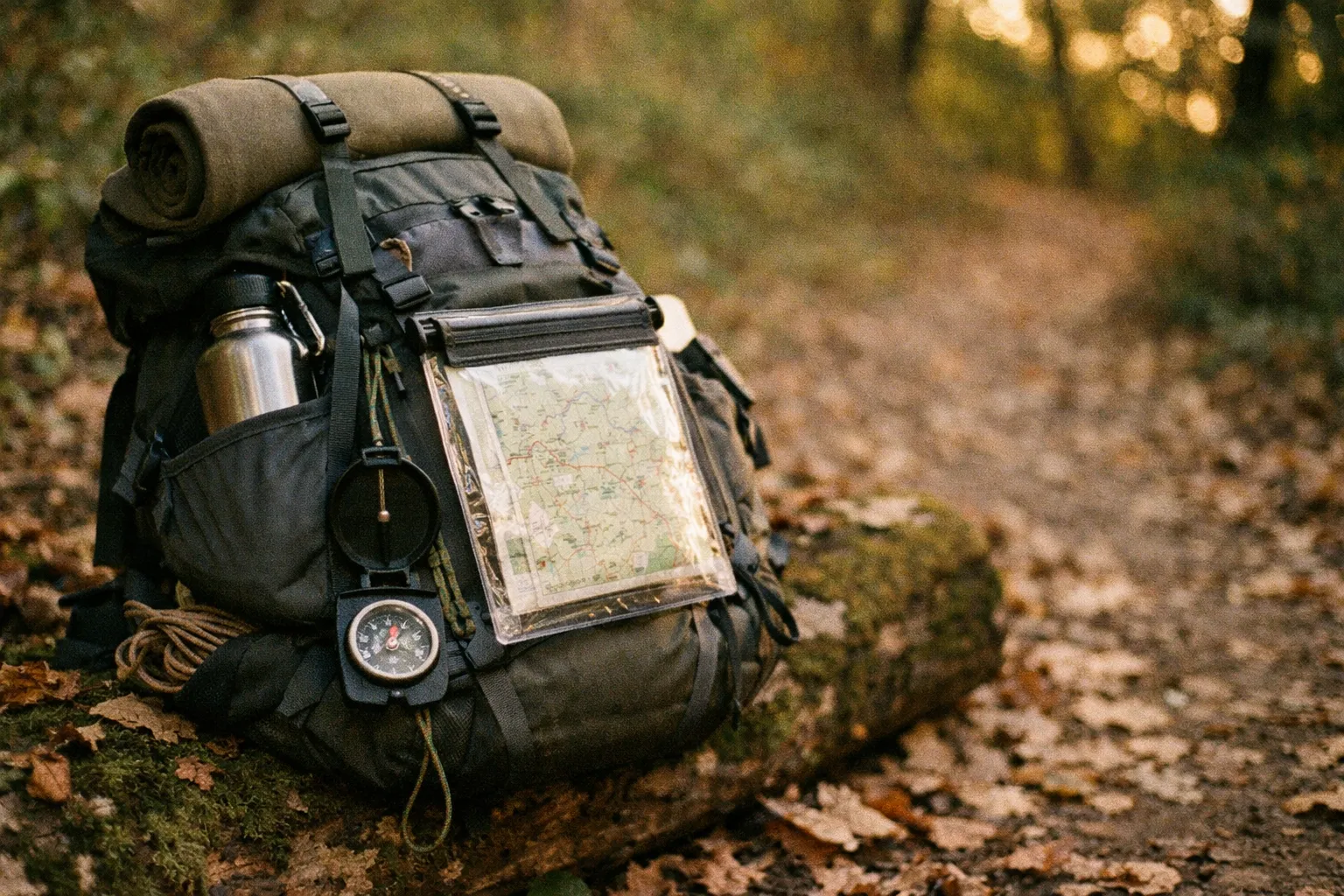 Backside of hiking backpack resting on a mossy log beside a leaf-strewn trail at Okehocking Preserve