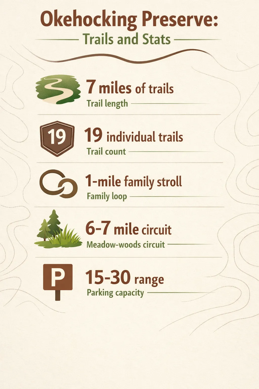 Seven miles of trails across 19 named routes, including a 1-mile family loop and a 6-7 mile meadow-woods circuit; two free