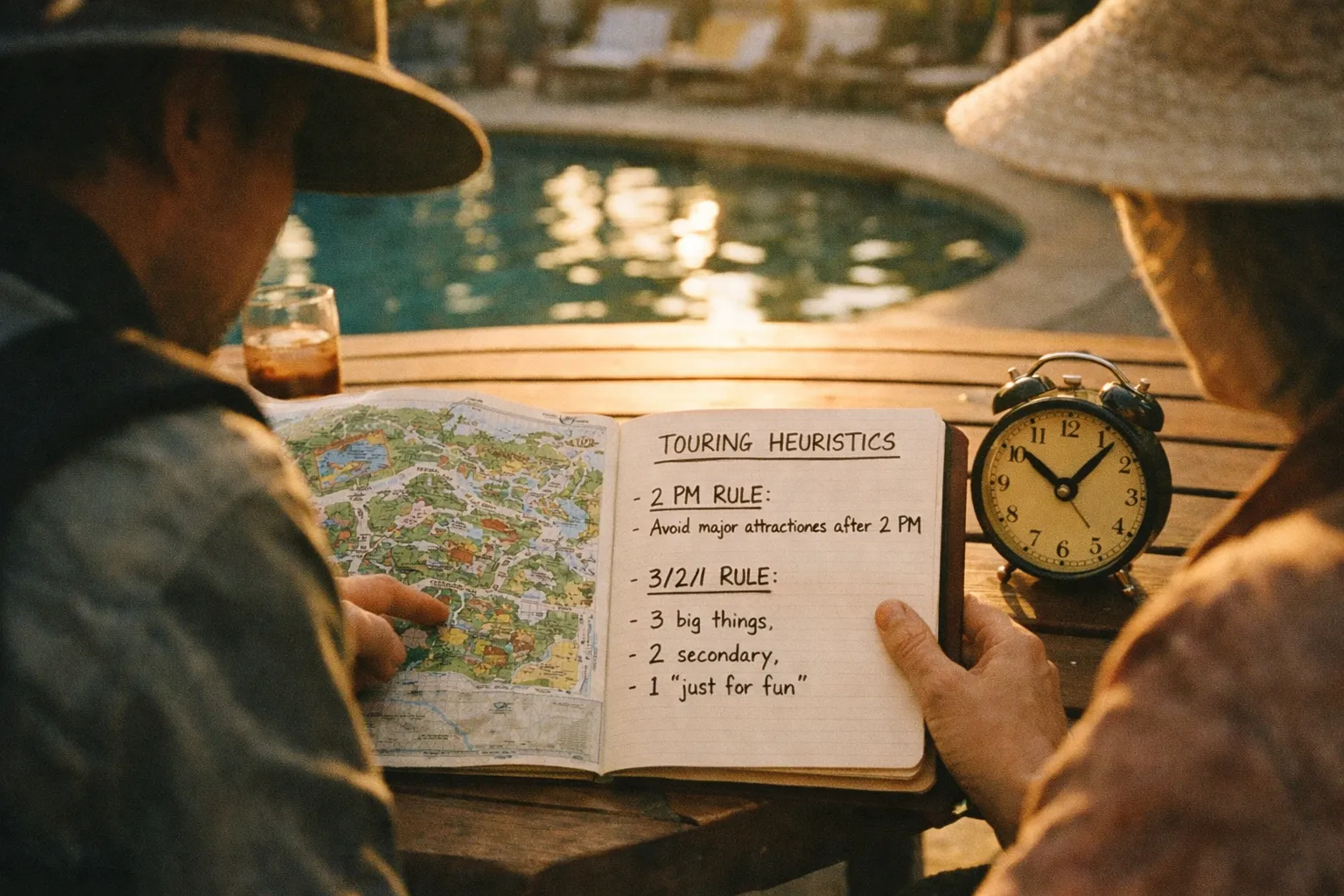  silhouette of travelers planning rope-drop with park map and heuristics on a sunlit outdoor table