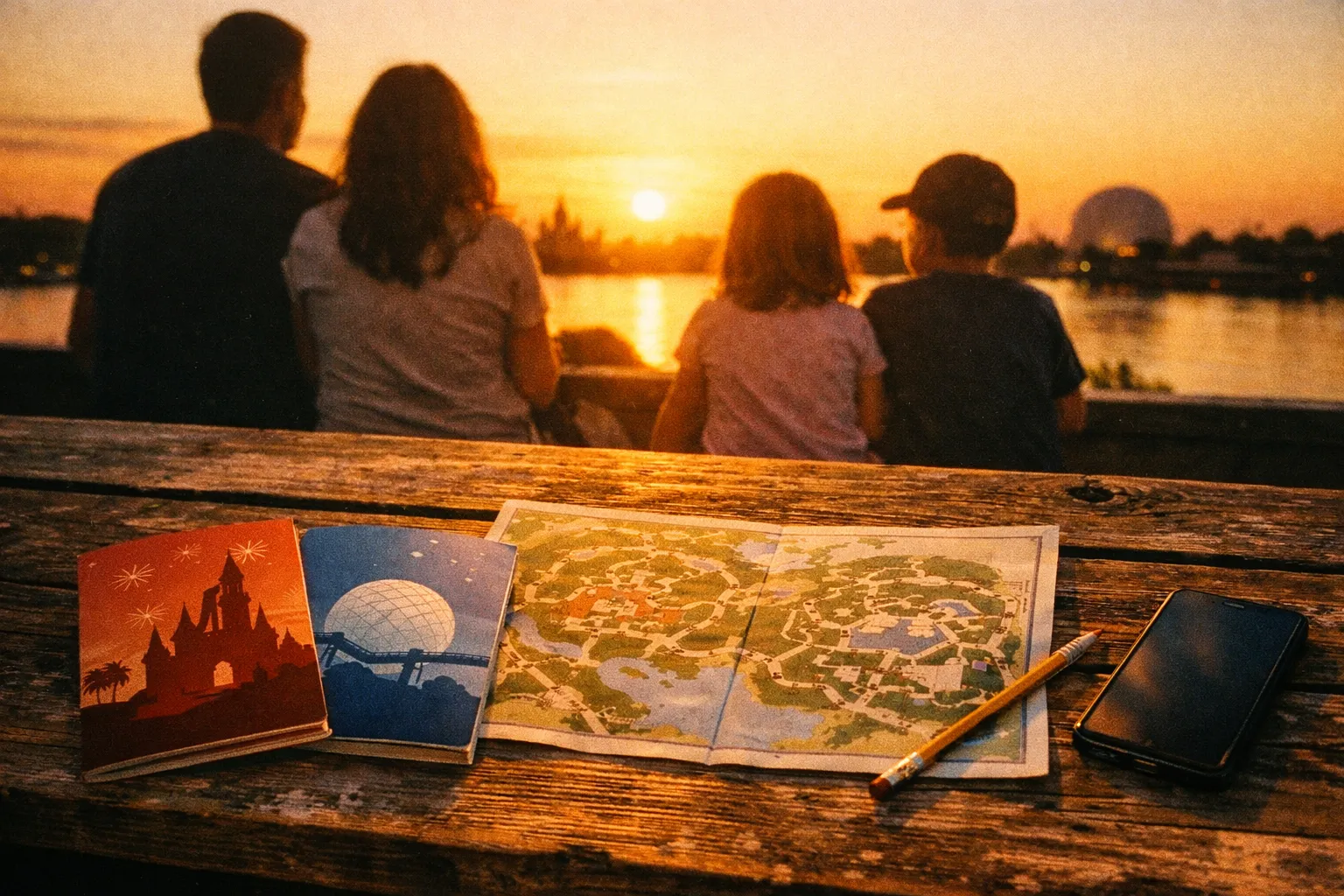 Family planning moment outdoors with color-coded travel guides and a park map