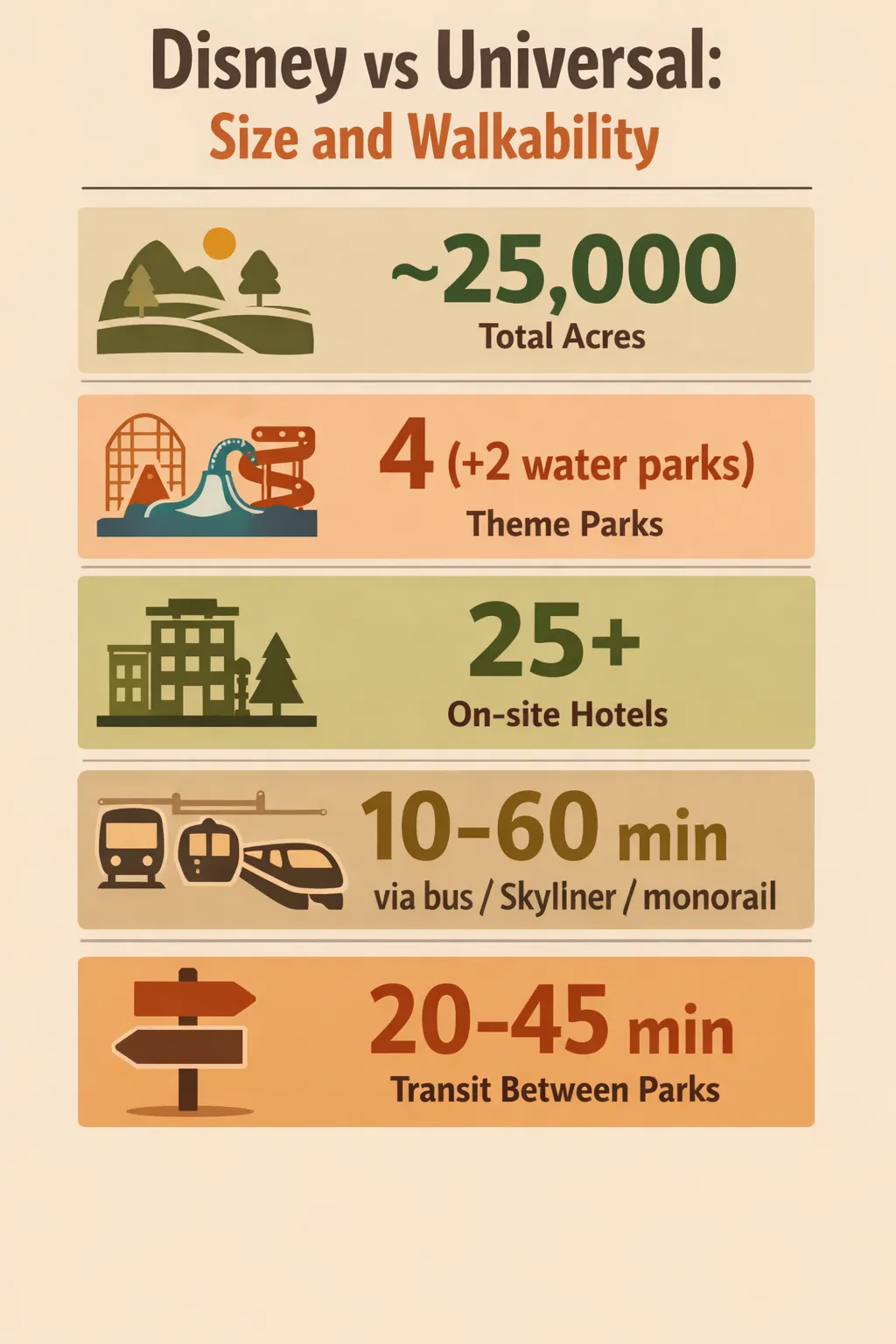 Disney World ~25,000 acres with 4 parks and 25+ hotels; Universal ~840 acres with 2 parks and 8 hotels.