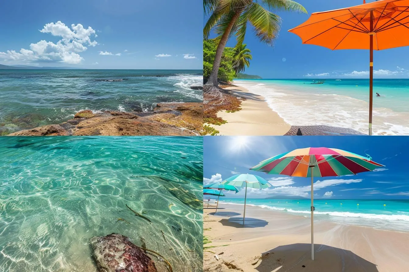 A collage of sandy beaches with palm trees, umbrellas, and clear turquoise water by the ocean.