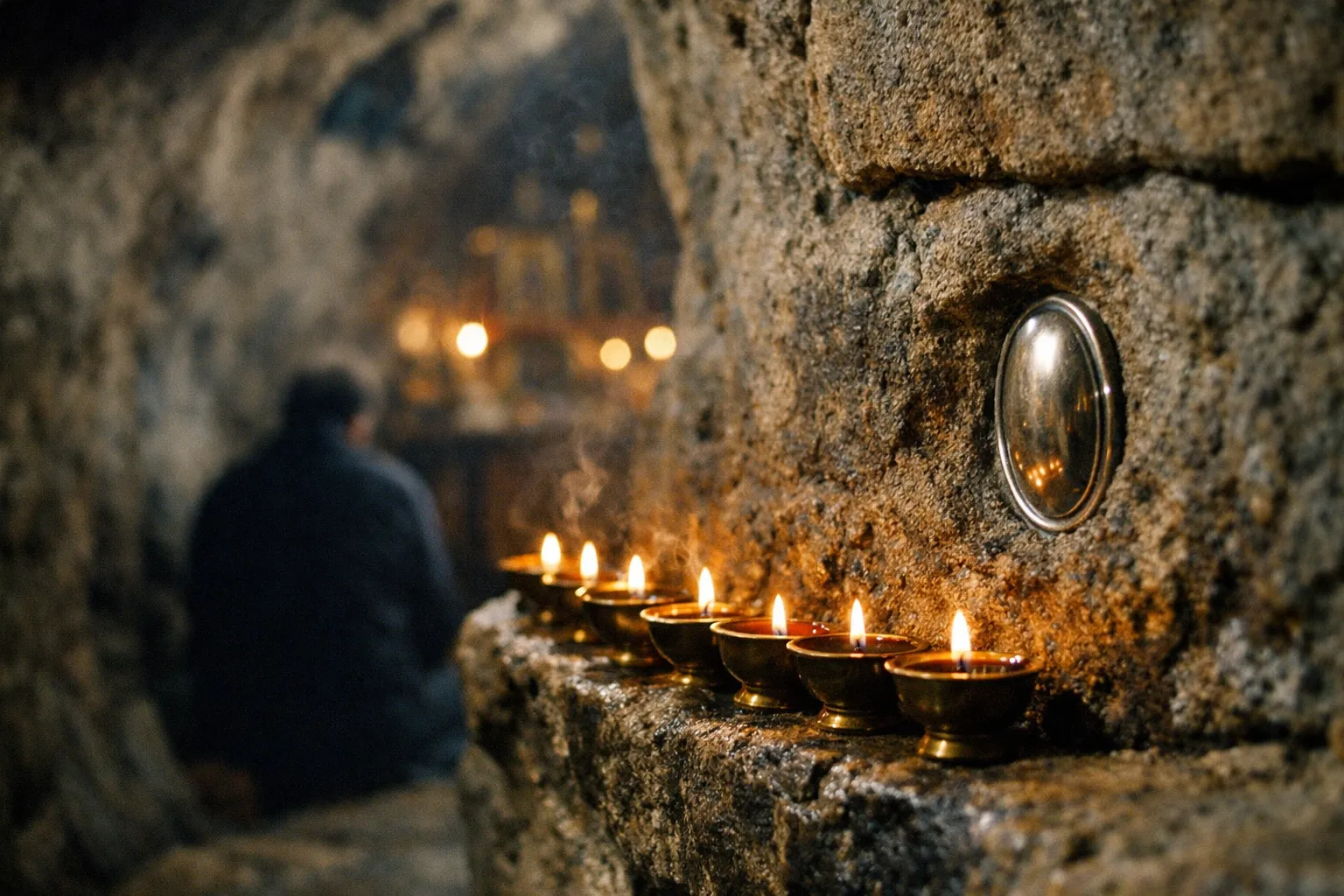 A row of candles burns in the Cave of the Apocalypse on Patmos as a person sits in quiet reflection.