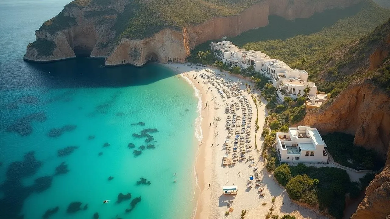 A whitewashed resort and sunbeds line a sandy beach below dramatic cliffs and turquoise water on a Greek island.