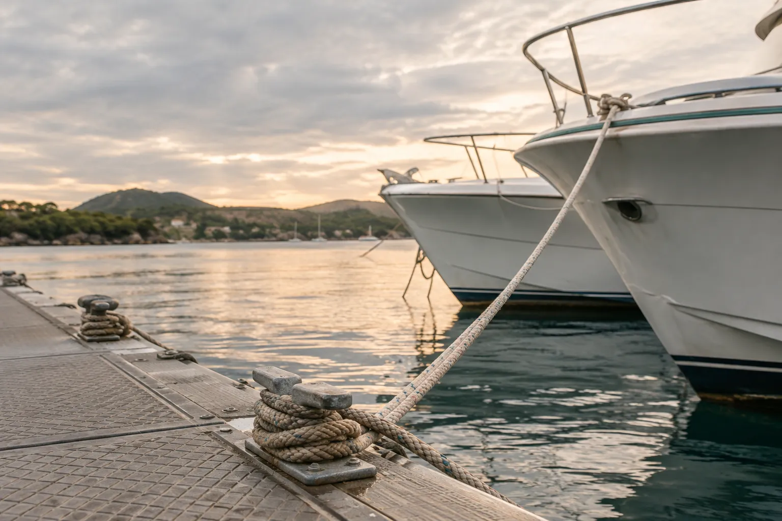 Boats are moored at a marina beside a hilly coastline at sunset.