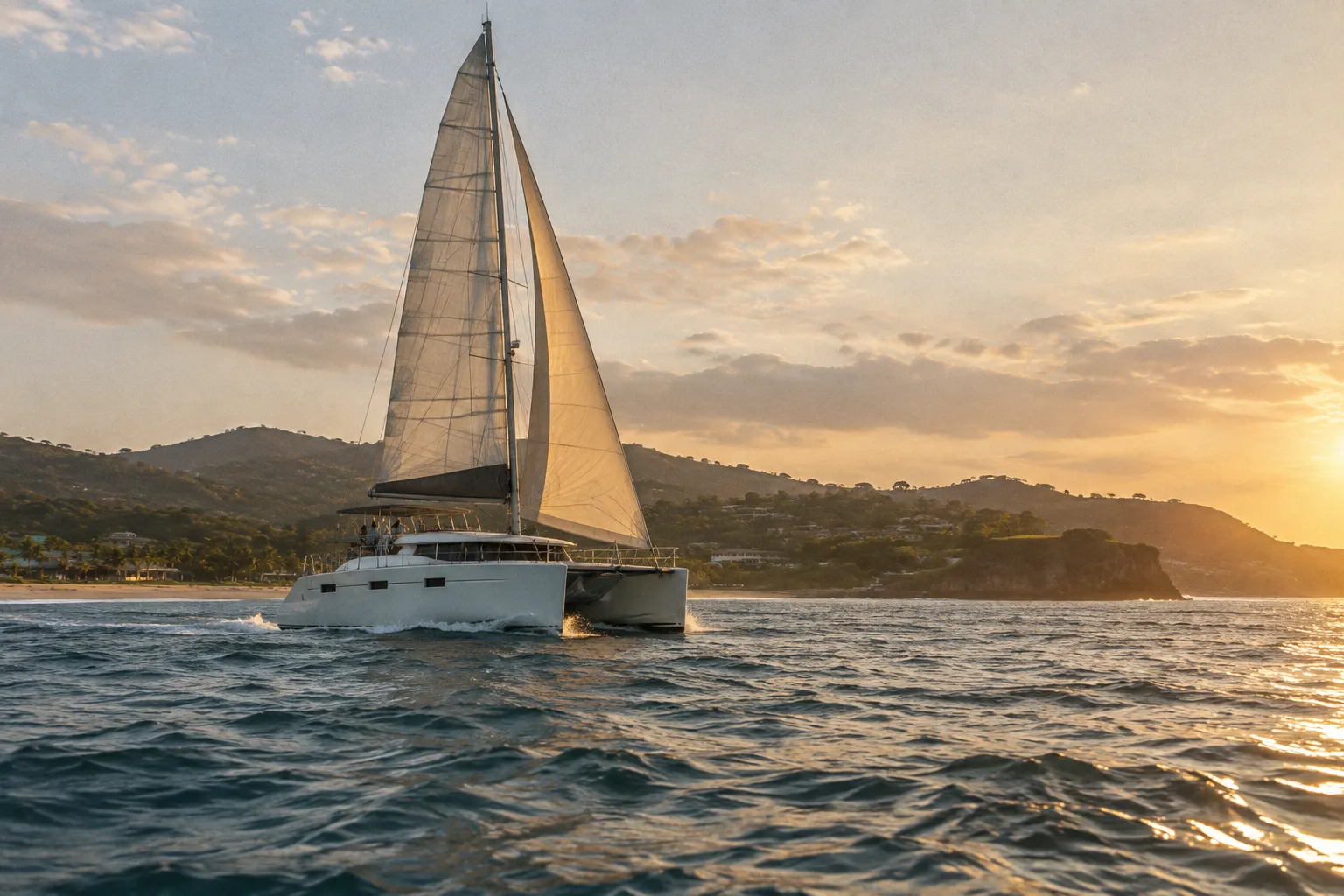 A catamaran sails past a coastal beach at sunset.