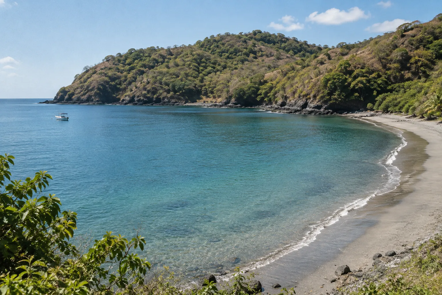 A small boat floats in a quiet cove beside a sandy beach and green hills.