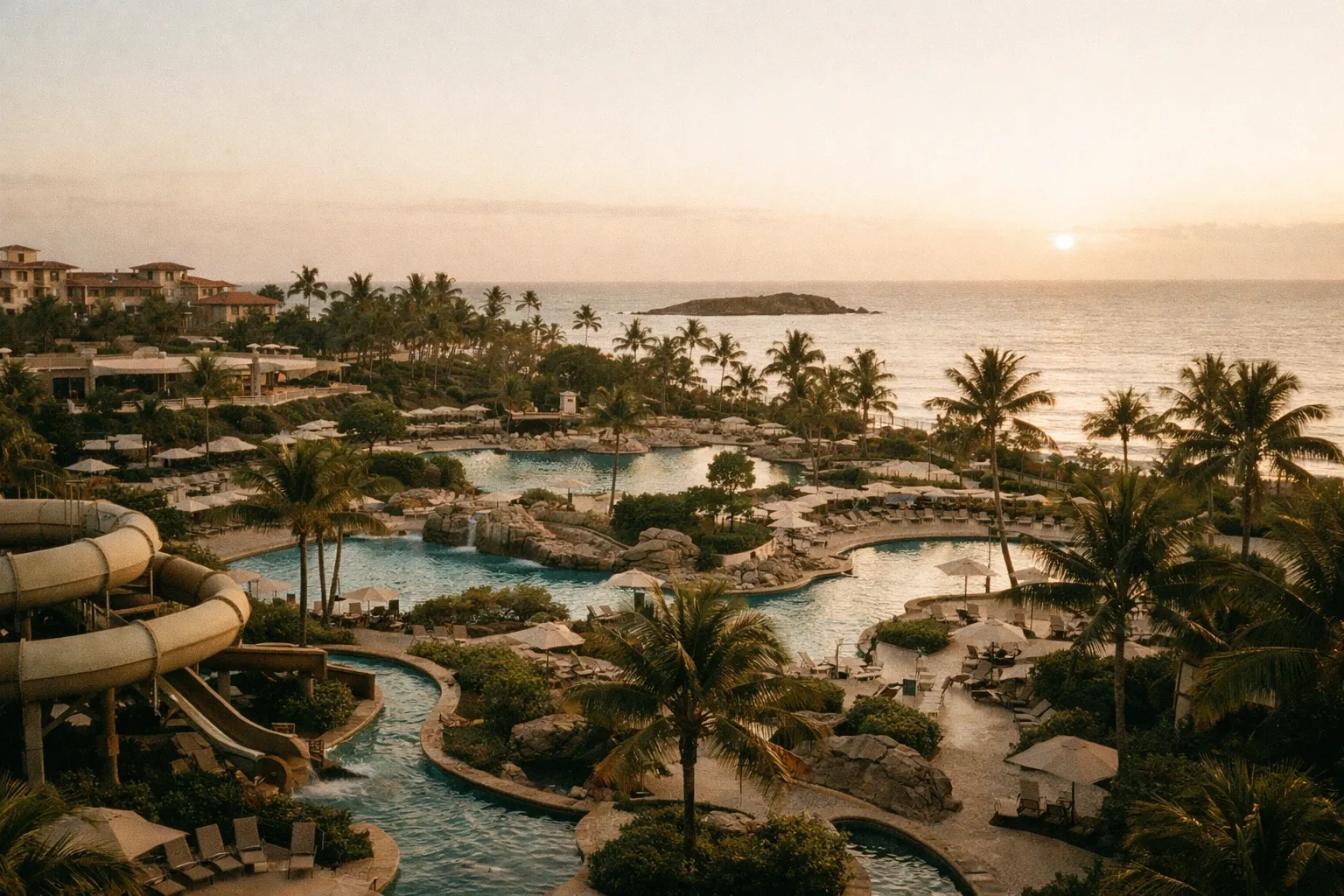 Coastal view of Puerto Rico water park resorts at golden hour, palm trees and water slides along the coast