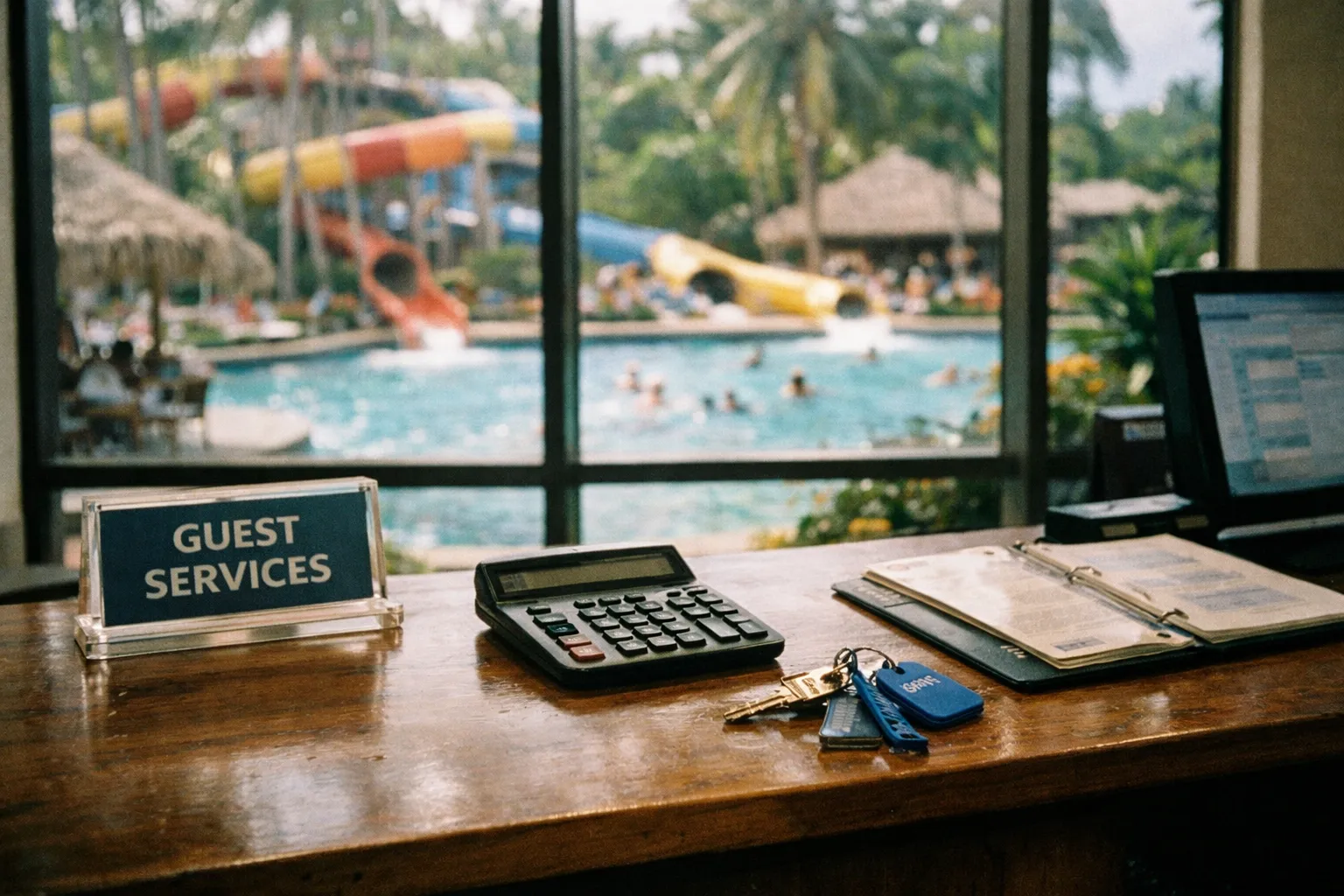 Hotel front desk area with booking materials and a view of the pool and water slides through the lobby windows