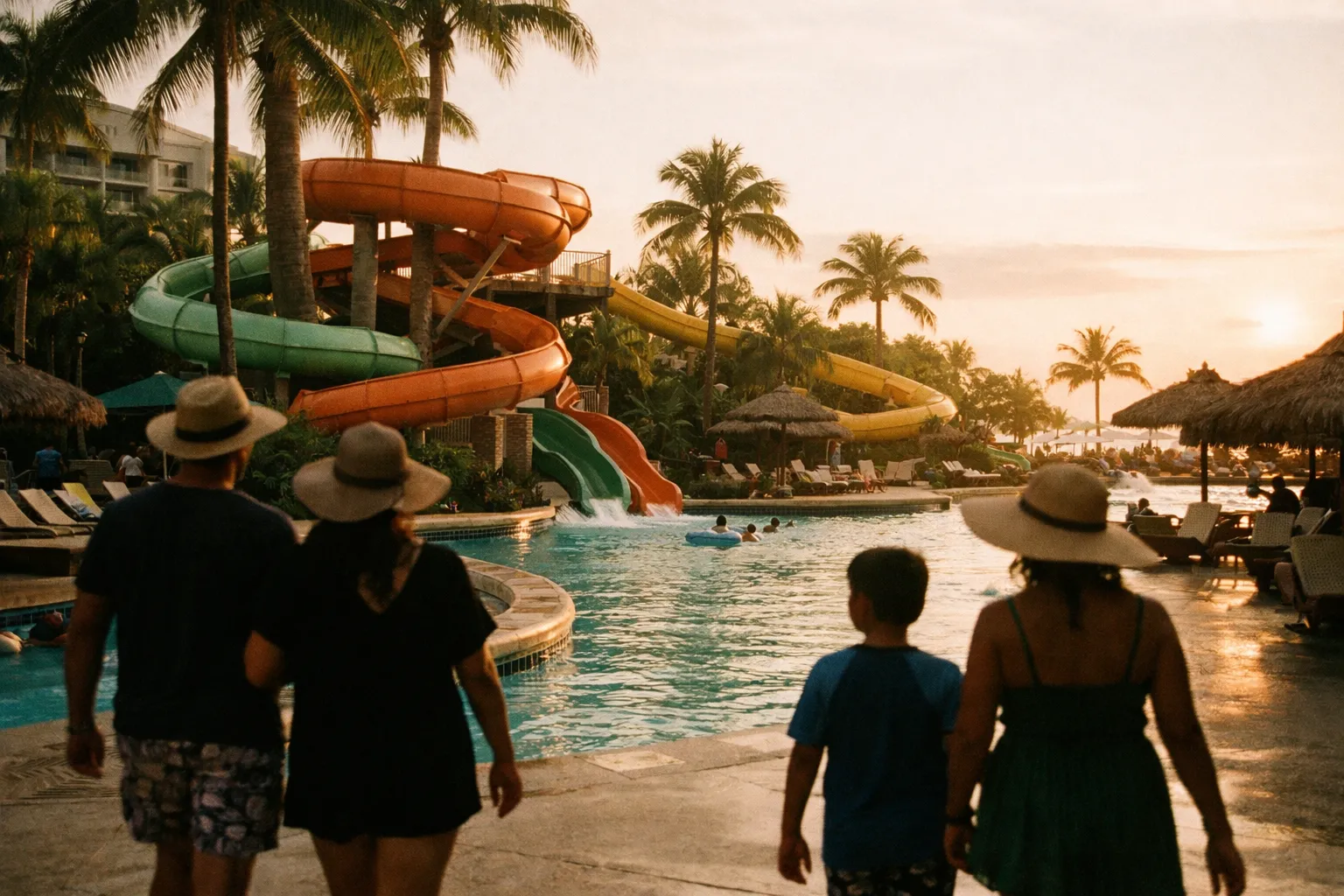 Water slide pools at a Puerto Rico resort with palm trees and silhouettes against the deck