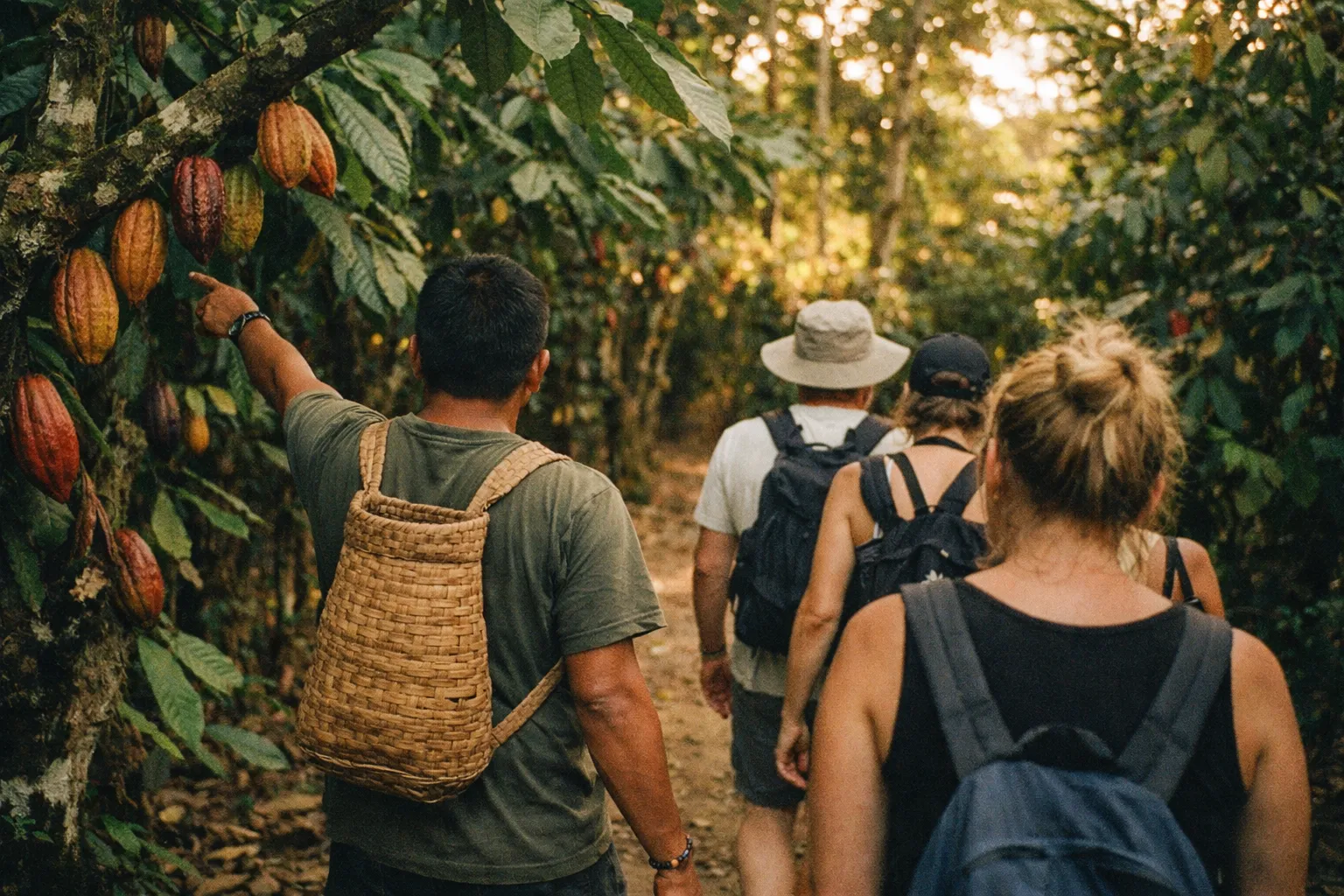 Back view of a Bribri cacao guide leading visitors through a shaded cacao grove at golden hour.