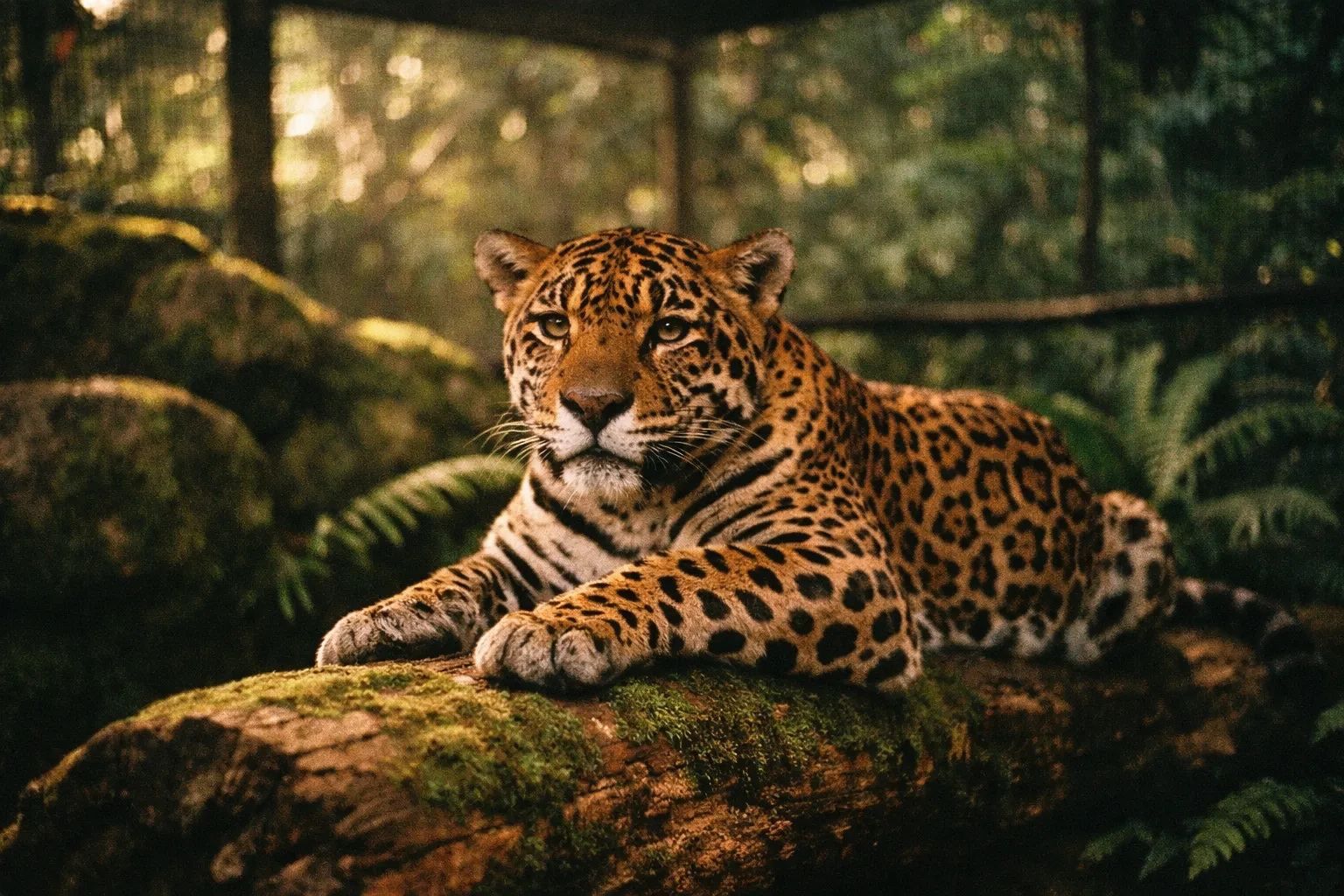 Jaguar resting on a mossy log inside a shaded rainforest enclosure at the Jaguar Rescue Center.