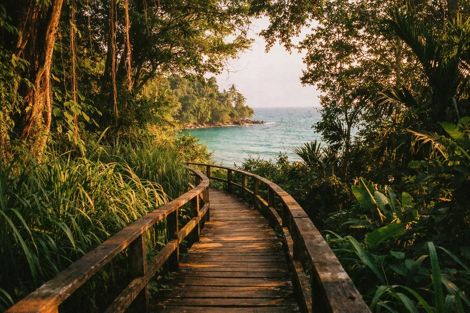 Dense jungle trail in Cahuita National Park with a glimpse of the Caribbean Sea through the trees.