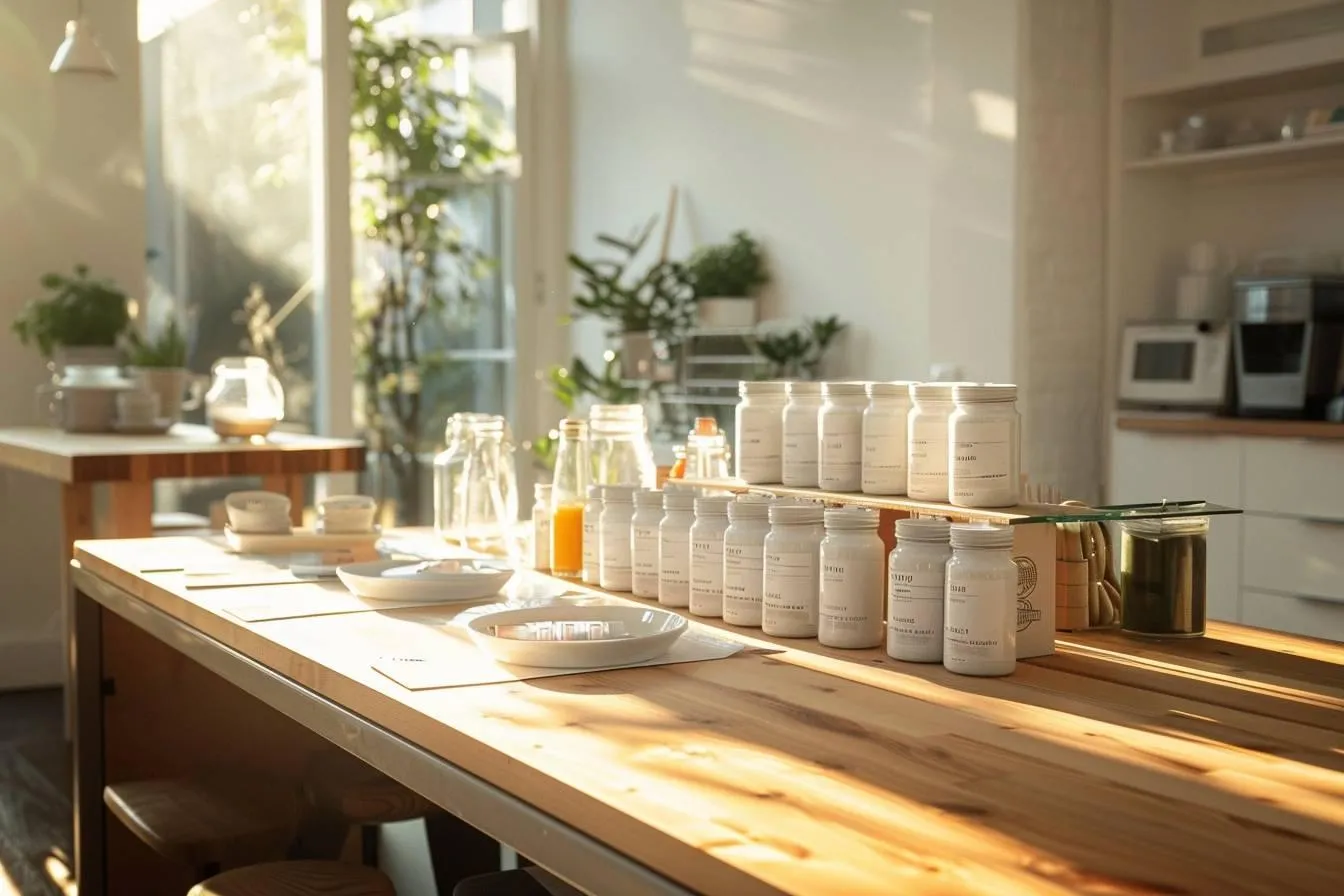Jars and tableware arranged on a sunlit wooden kitchen island in a bright, modern kitchen.