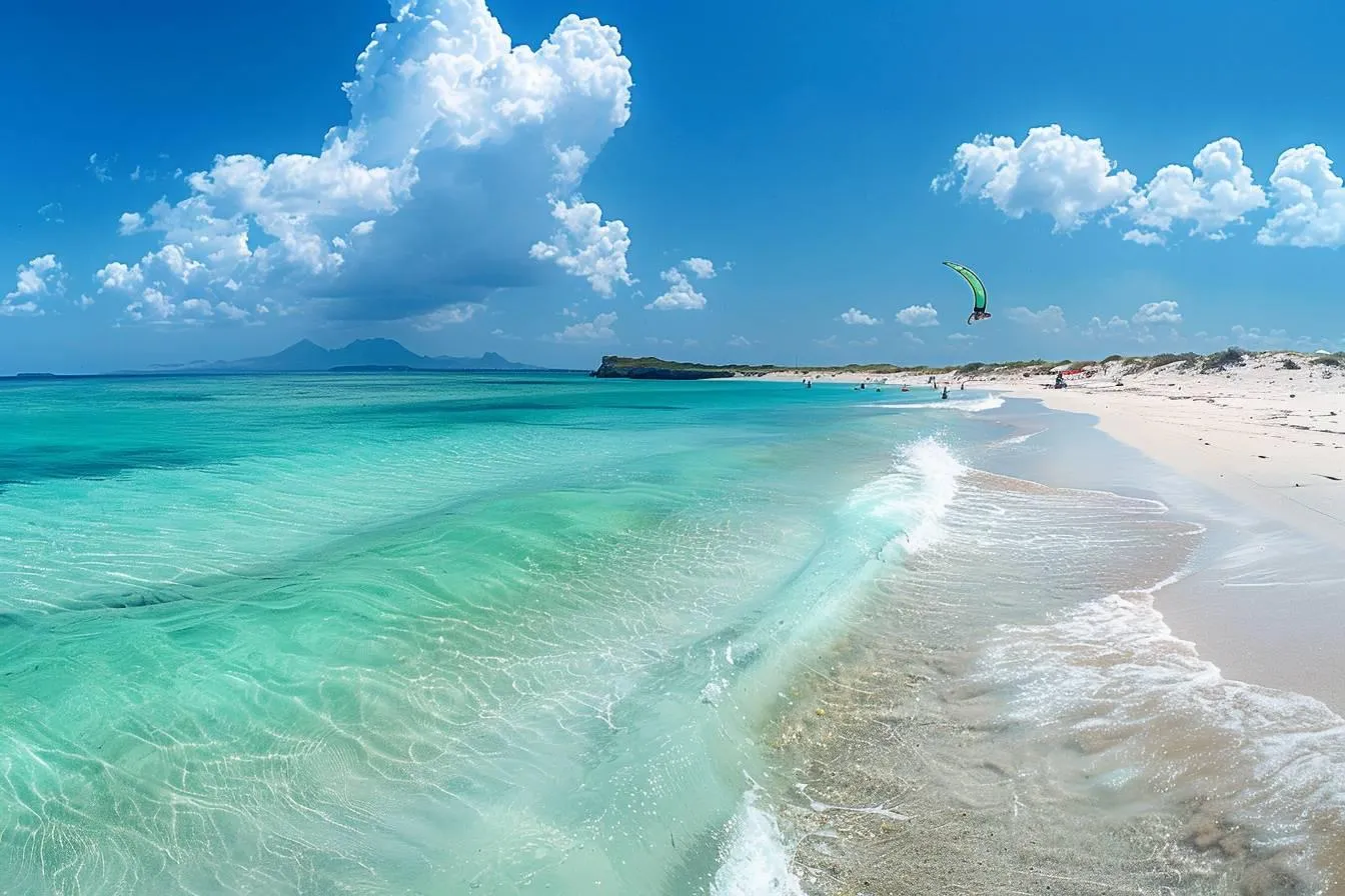 A sandy beach with turquoise water and a paraglider above the shore, with distant mountains on the horizon.