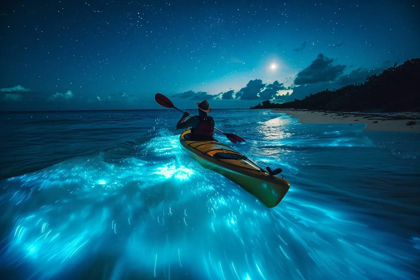 A person kayaks at night along a beach with glowing bioluminescent water under a starry sky.