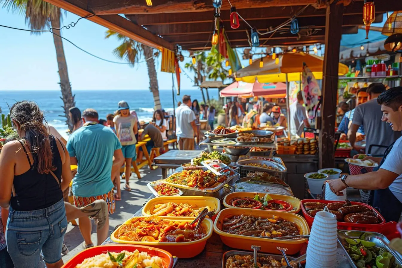 People enjoy local food at outdoor beachside food stalls with the ocean and palm trees in the background.