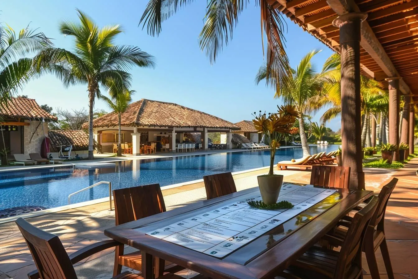 Outdoor dining area overlooks a palm-lined resort pool with lounge chairs and a thatched roof bar.