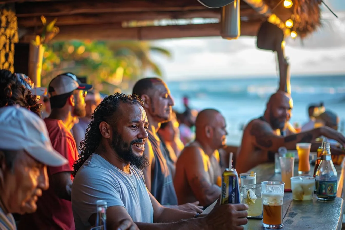 People sitting at an outdoor beach bar enjoying drinks and conversation near the ocean.