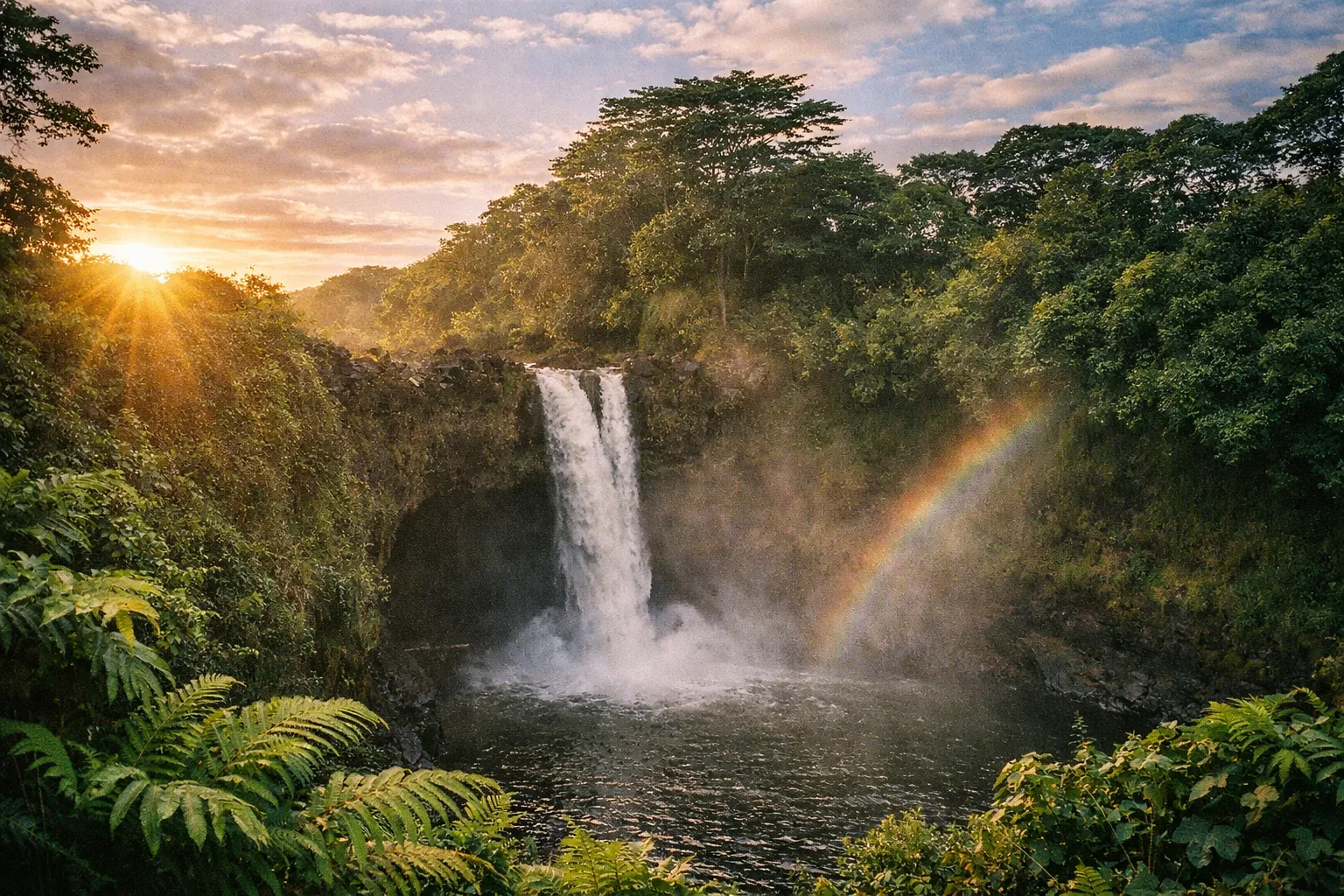 Rainbow Falls at sunrise with mist and a faint rainbow over lush green canyon