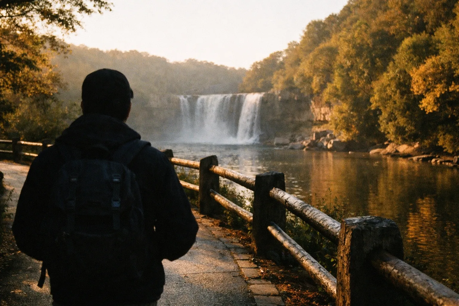Silhouette of a hiker with backpack walking toward Rainbow Falls viewing platform along a paved path, early morning light