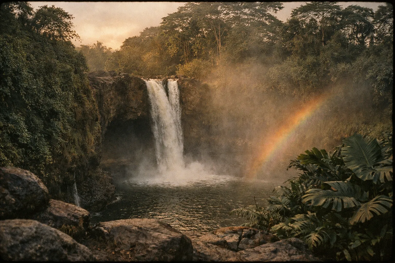 Rainbow Falls framed by tropical foliage at dawn, mist rising, conveying a sense of place and myth