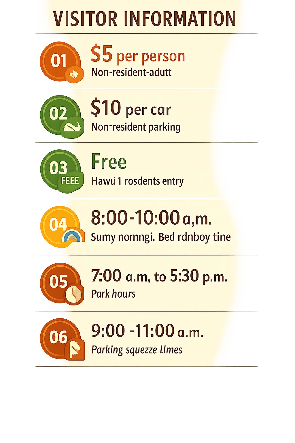 Flat-design infographic showing Rainbow Falls admission, parking costs, and park hours with a focus on the best time to see