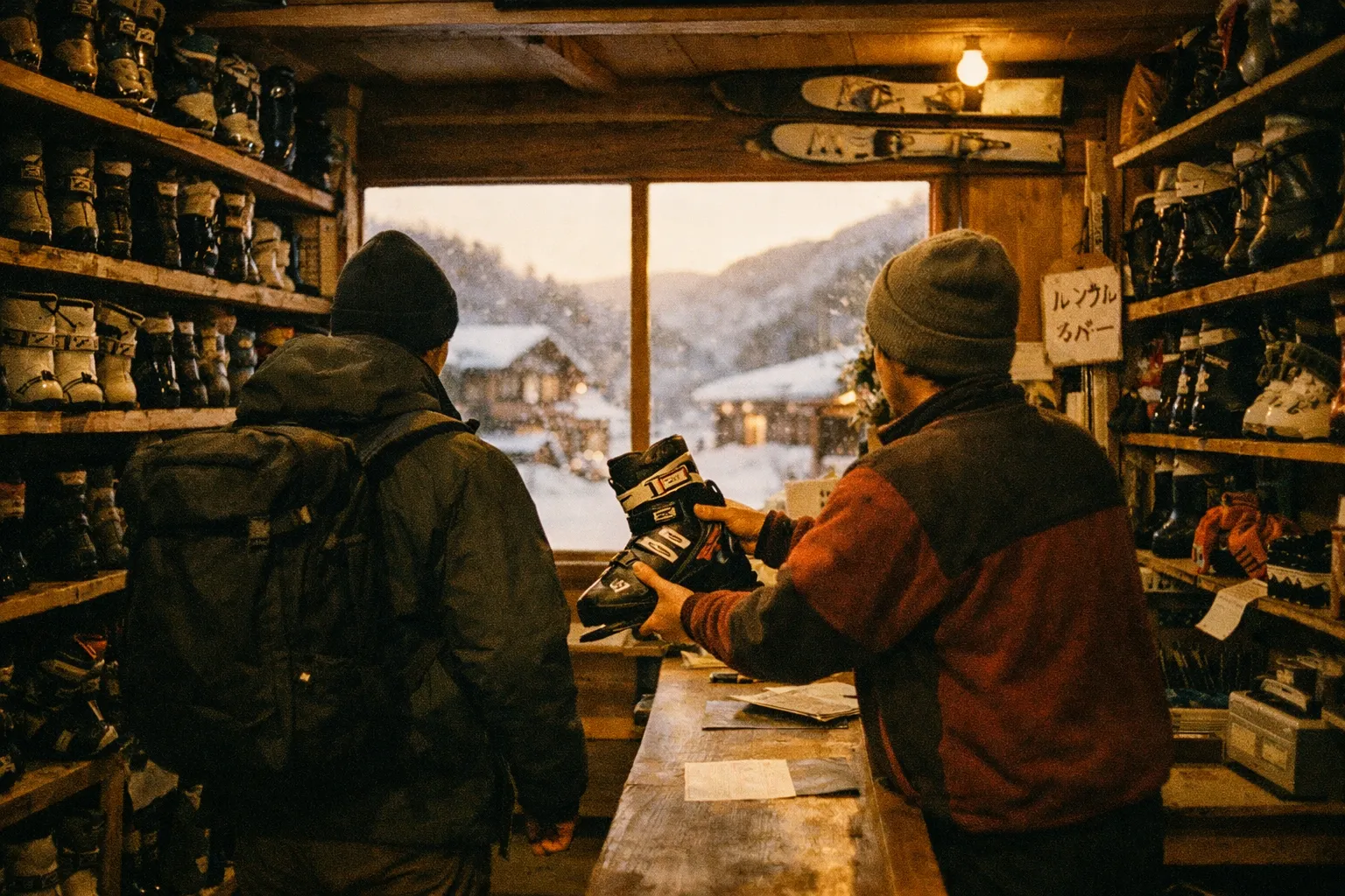Back-view traveler selecting ski gear in a rustic Japanese ski rental shop at golden hour