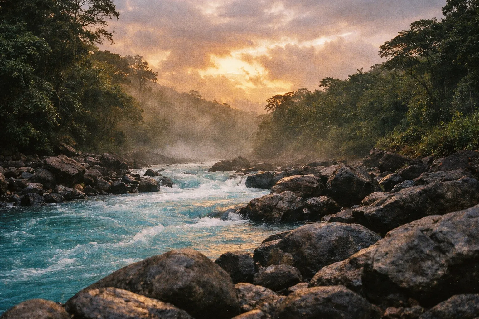 Turquoise Río Celeste at golden hour flowing over rocks with lush rainforest around, no people