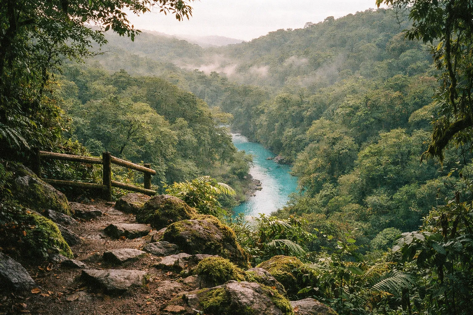 Forest viewpoint over Río Celeste with turquoise water in distance, dense foliage and mossy rocks