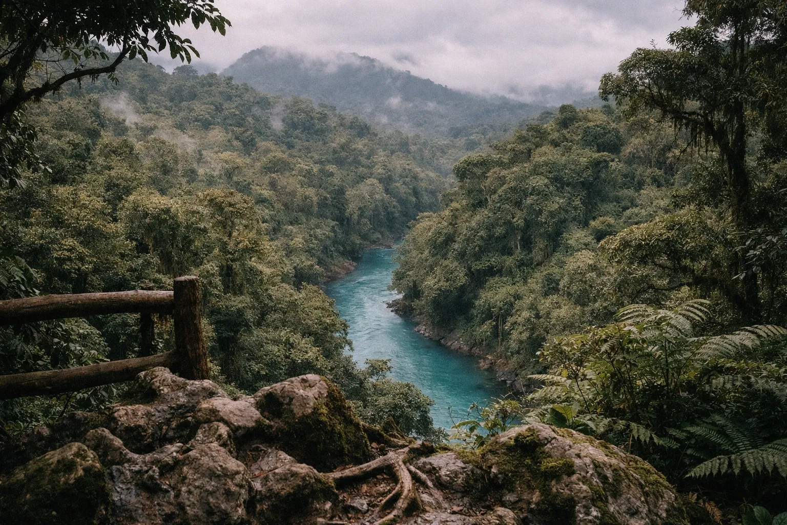 Rio Celeste flows through dense rainforest with mountains and mist in the background.