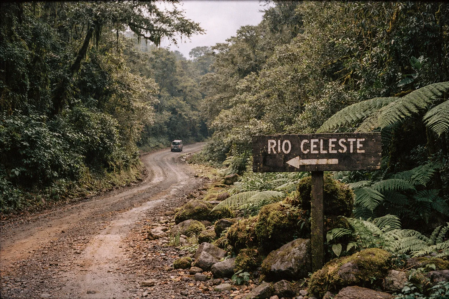 Rugged rainforest road winding through dense canopy with a small car in the distance