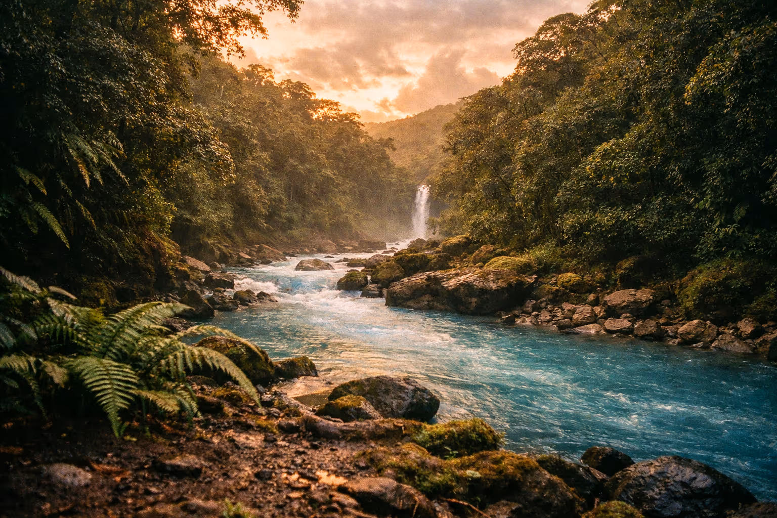 Hero shot of Rio Celeste's turquoise river winding through lush rainforest at golden hour