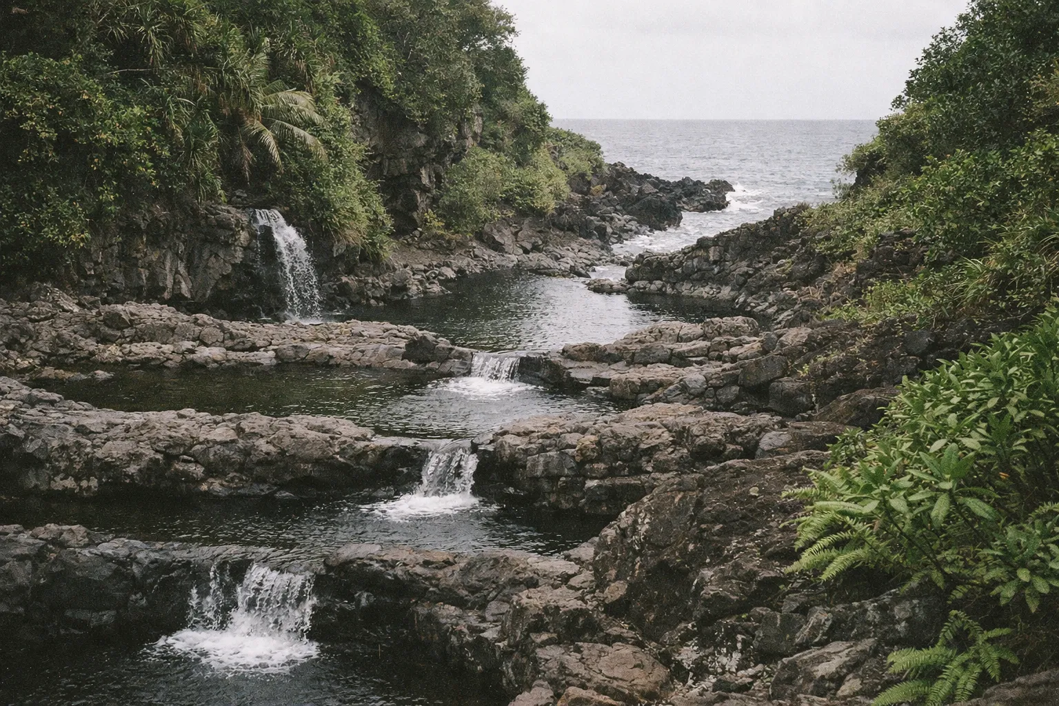 Small waterfalls flow through rocky pools surrounded by lush greenery near the ocean along the Road to Hana.